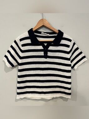 Molly Green Navy White Striped Crop Collared Sweater Nautical Coastal Preppy